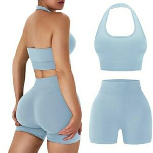 Workout Sets Women Backless Halter Sports Bra High Waist Shorts Gym Outfit Blue